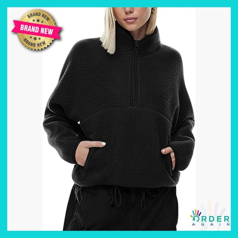 Cropped Half Zip Sherpa Fleece Pullover Fuzzy Sweater Winter Jacket with Pockets